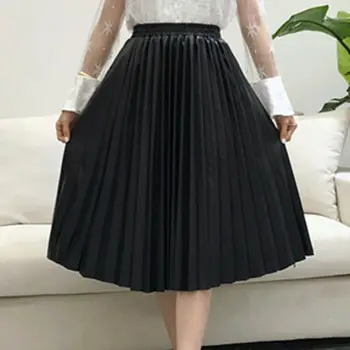 

Women High-waist Pleated PU Leather Skirts Skater Casual Maxi Skirt Long
