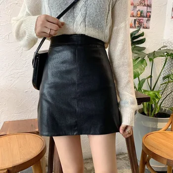 

Plus Size Elegant Women Pu Leather Pencil Skirt Casual High Waist Mini Skirts Ladies A-line Short Slim Hip Black Leather Skirt