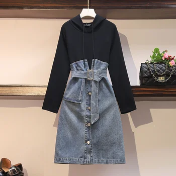 

plus size denim dress 2020 fashion cowboy patchwork long sleeve hooded women dress vestido casual vintage autumn dress
