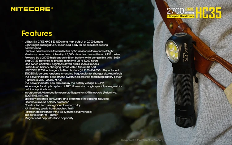Скидка NITECORE HC35 CREE 4LED 2700 люмен перезаряжаемый налобный фонарь+ аккумулятор фонарик для охоты на открытом воздухе