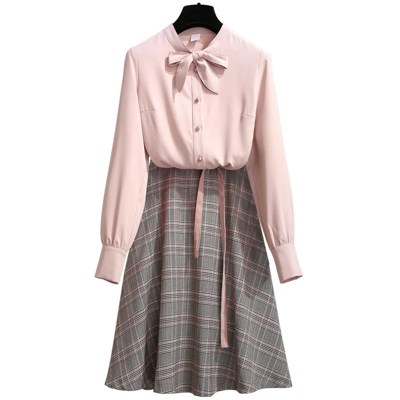 Sets Merry Pretty женские комплекты из двух частей Топ и юбки с длинным рукавом на шнуровке розовые блузки и карманы клетчатые плиссированные мини-юбки - Цвет: Sets