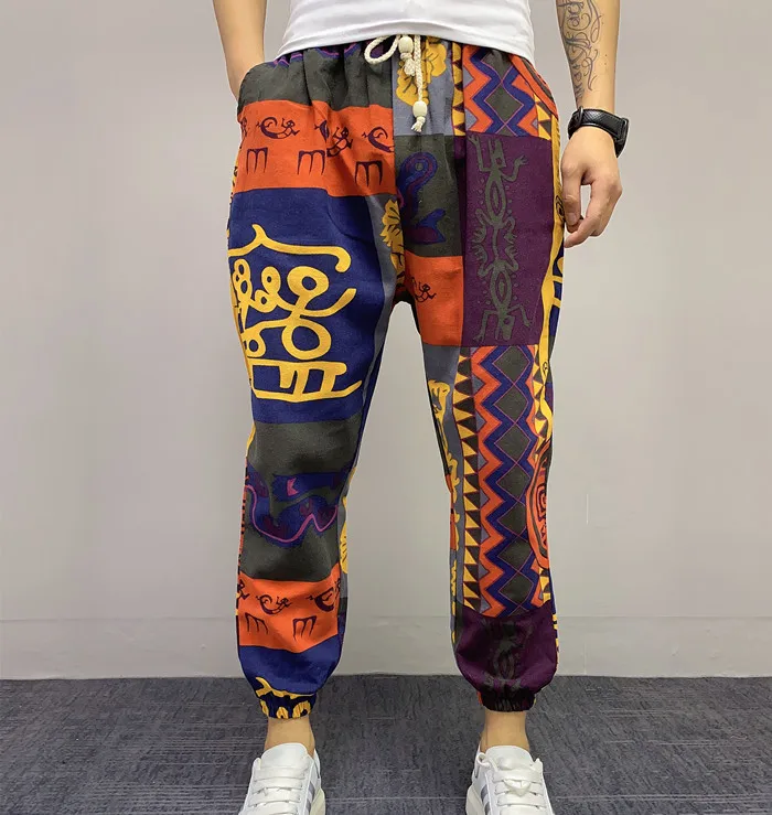 

2020 Autumn Fashion New Casual Trousers Men's Small Feet Nine Points Joggers Pants Ethnic Style Male Loose Linen Harem Pants