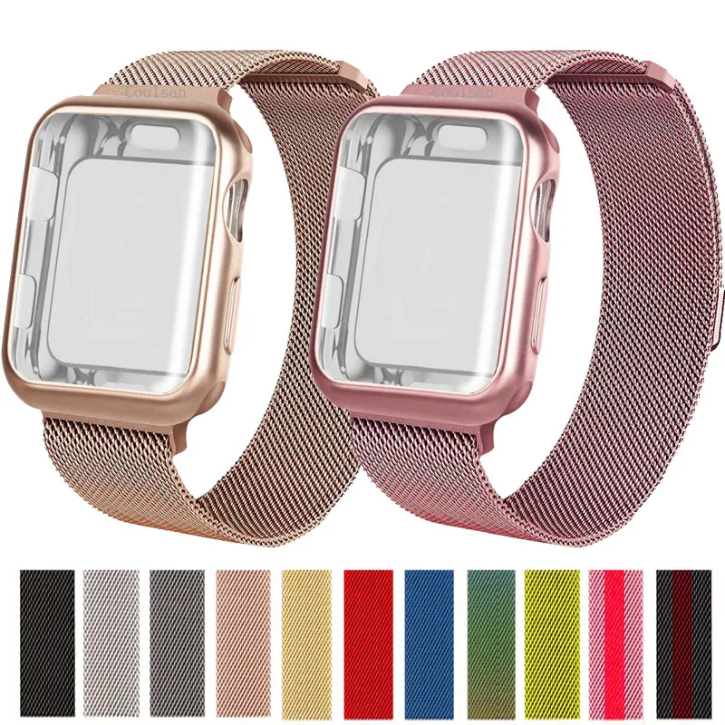 

Milanese Loop Stainless Steel strap + case For Apple Watch 40mm 44mm 38mm 42mm Screen Protector Sport Bracelet for iWatch bands