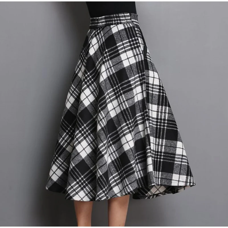 High Waist A Line Women Long Skirt Plus Size 4XL England Plaid Woolen Ladies Skirts Woolen Pleated Tartan Female Bottom