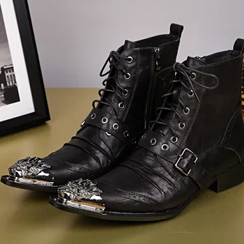 

Summer Lace up Short Boots Martin Boots Boots Sapato Men's Cow Leather Pointed Toe Ankle Genuine Leather Nightclub Large Size