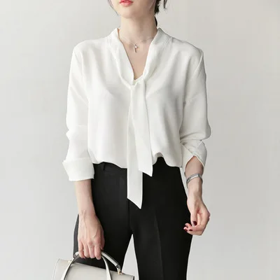  2019 Autumn New Style Fashion Elegant Simple V-neck White Shirt Long Sleeve Loose-Fit Bow Chiffon B