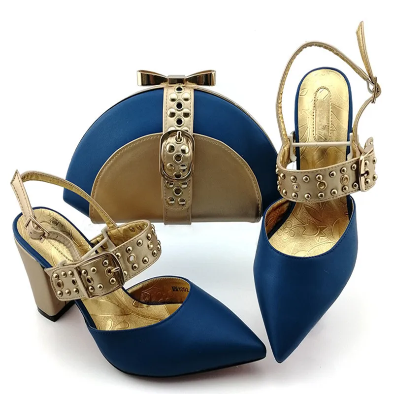 

Latest Nigerian PU Ladies Shoes And Bag Set 2020 Luxury Royal Blue Color Pumps Shoes And Bags Set For Party Dress