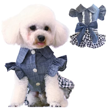 

Pet Denim Tutu Dress Dog Cat Spring Summer Cowboy Clothes For Dog Girls Small Medium Dog Puff Sleeve Bowknot Dress Best NEW