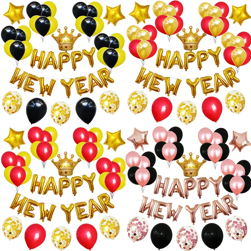 

44pcs/lot Golden Happy New Year 16 Inch Aluminum Film Crown Five-pointed Star Balloon Set Gift Home Decor 2021 Party Decoration