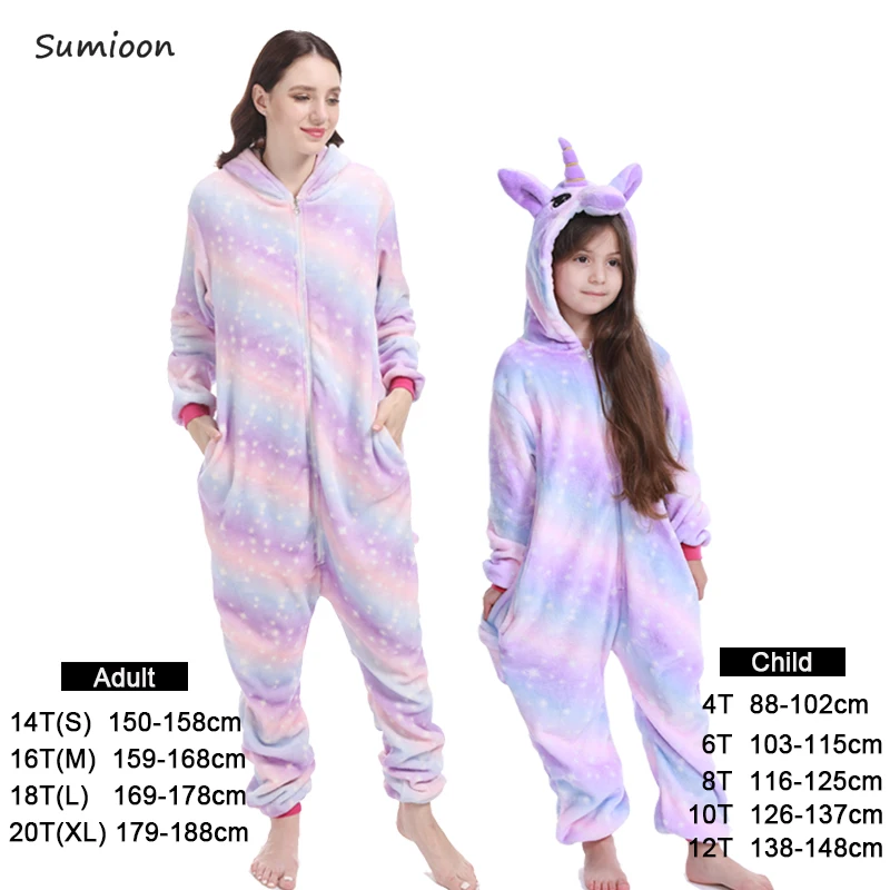Пижамы для мальчиков и девочек; пижамы с пандой и единорогом для женщин и мужчин; взрослые комбинезоны; одежда для сна с животными; зимние пижамы для детей - Цвет: Purple star unicorn