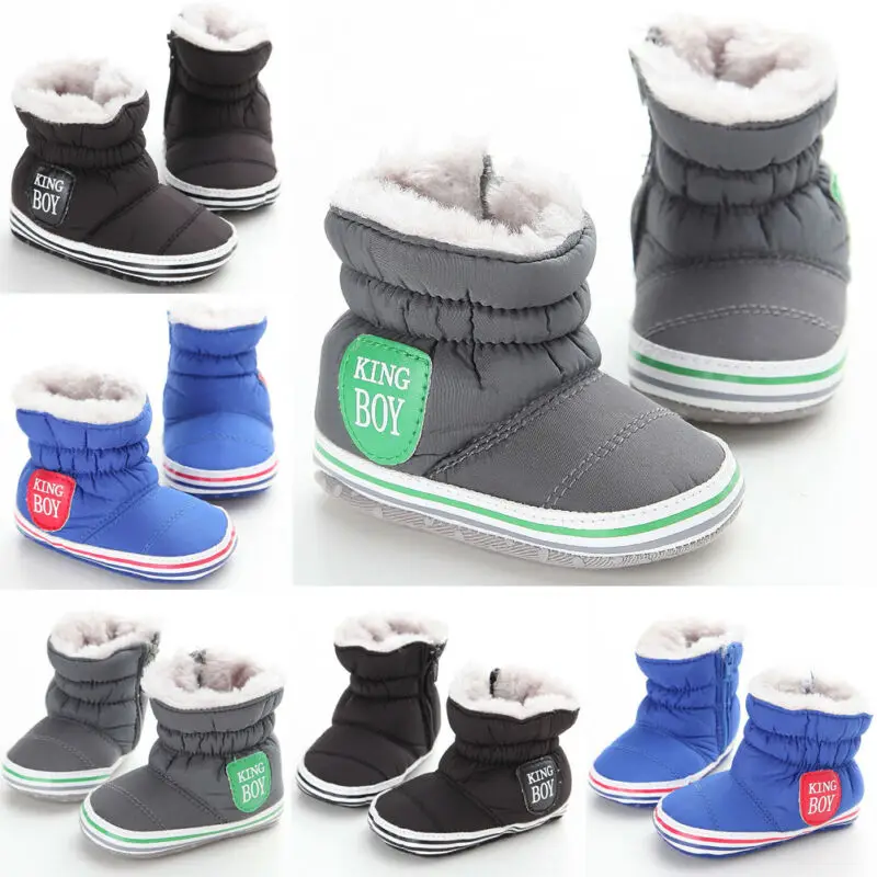 0-18M Newborn Baby Boy Toddler Infant Winter Warm Soft Bottom Crib Shoes Boots Zipper Plush Gray Black