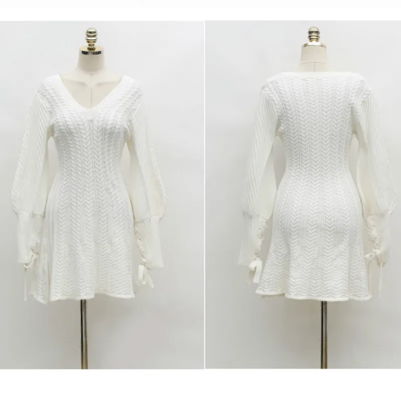 Зимний корейский Тонкий вязаный свитер с v-образным вырезом и рукавами-фонариками повседневное короткое белое платье трапециевидной формы