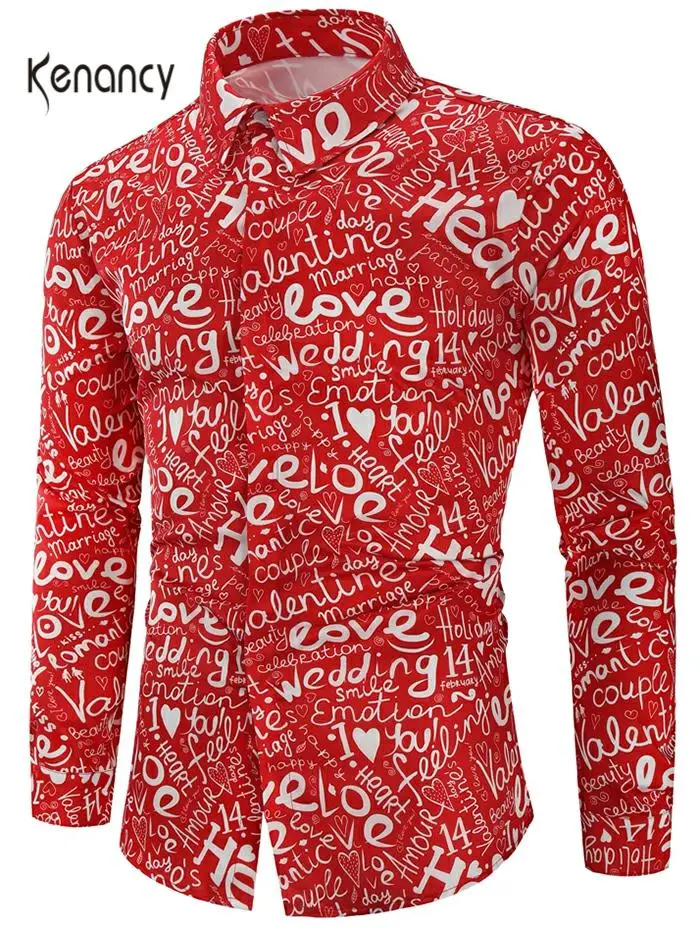 Hemiks Men Love Letters Heart Printed Shirt Spring Long Sleeve Turn