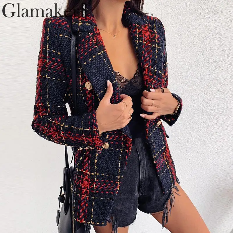 Glamaker Tweed офисная одежда модная куртка блейзер для женщин двубортное теплое пальто верхняя одежда осень зима женский клетчатый блейзер для леди