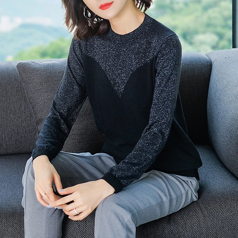 YISU осенне-зимний свитер женский яркий Шелковый женский двухфактурный свитер с круглым вырезом и длинным рукавом базовый пуловер модный свитер женский - Цвет: Черный