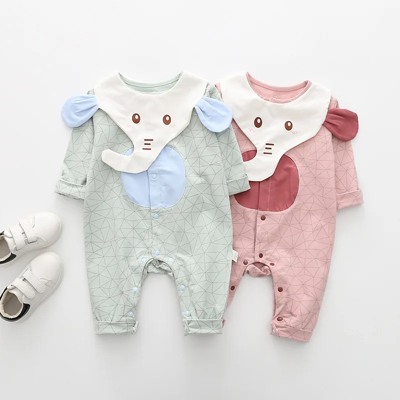 

18 Autumn New Style Cotton Print One-piece Romper Korean-style Elephant of Printed And Bib Baby One-piece Crawling Clothes