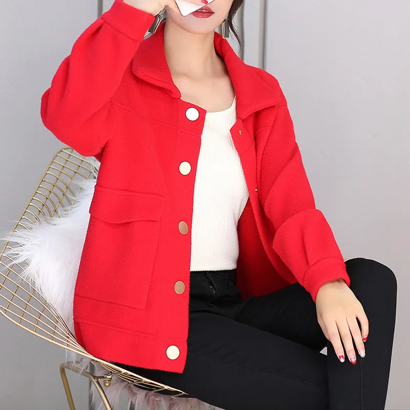 

Female Autumn Double-sided Coat Short Cardigan Fashion Jacket Woman Long Sleeve Button Solid Ladies Outwear Woolen Thick Blend