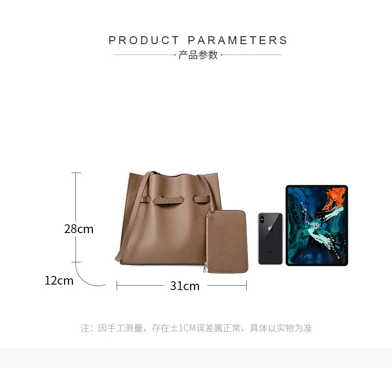 Brand Design Real Cow Leather Ladies HandBags and Purse Women Genuine Leather Composites Bags High Quality Wide Strap Bucket Bag