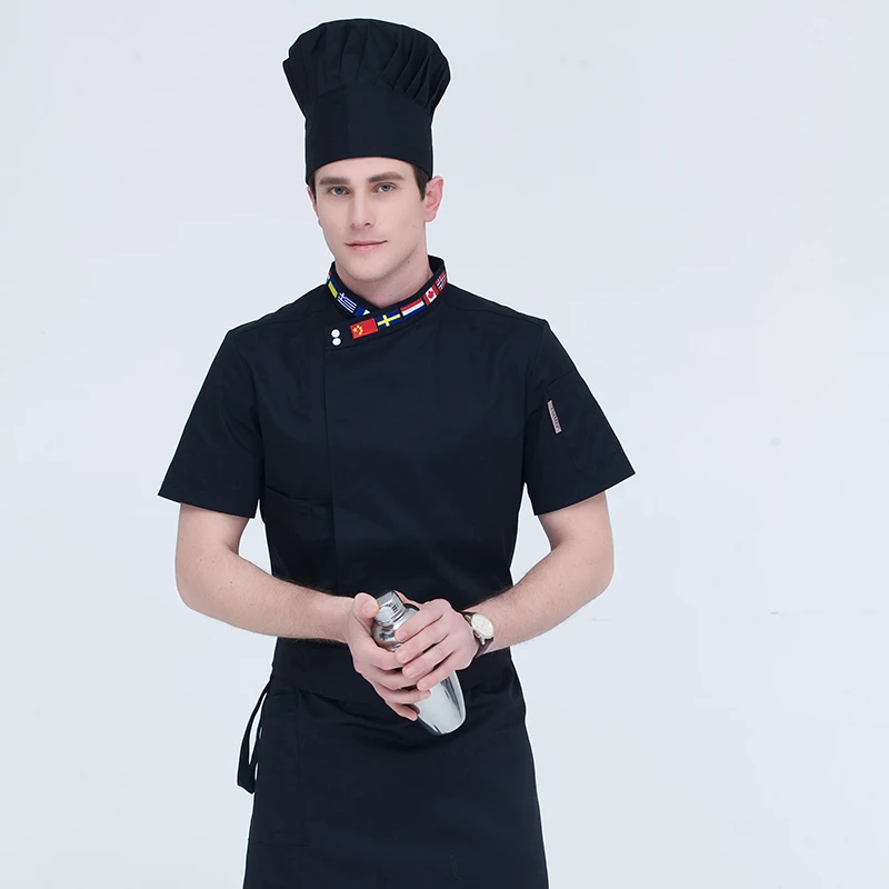 Chef Uniform High Quality Black White M-4XL Women Men Short-sleeve Oblique Embroidery Collar Kitchen Hotel Chef Jacket