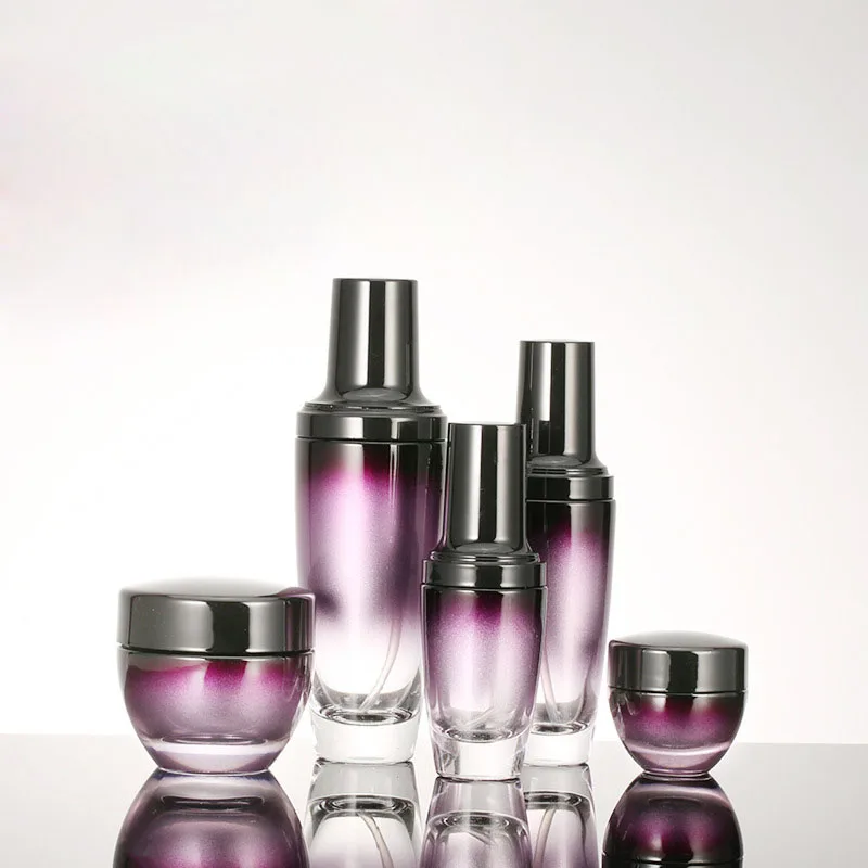 5pcs Refillable Glass bottles Cream lotion cosmetic container travel kits empty Purple bottle with Spray cap or Pump Cap 4