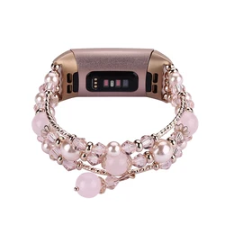 Elegant Elastic Beaded Bracelet with Agate and Pearl Beads - Black - Fitbit Charge 5 6 (Pink)