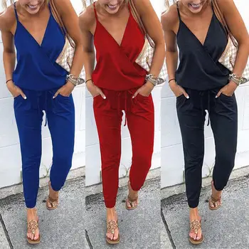 

Sexy Strap Off Shoulder V-neck Lace Up Sashes Jumpsuits Women Summer Solid Color Casual Slim Elegant Overalls Long Romper Female