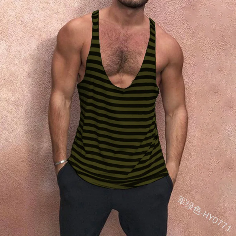 Camiseta informal a rayas sin mangas para hombre, chaleco exterior deportivo para Fitness y musculación