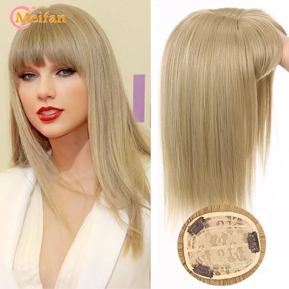 

MEIFAN Synthetic Top Hair Pieces with Bang Half Head Cover White Hair Stright Natural Fluffy Invisible Replacement Fake Hairpiec
