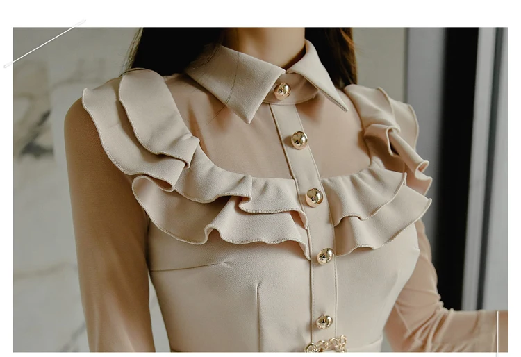 Spring Autumn Office Ladies Lapel Collar Ruffle mesh patchwork mini Women Korean sheath Dresses Elegant Sashes Waist Dress