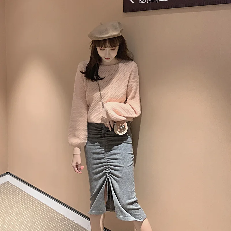

Photo Shoot 2019 Autumn New Style Korean-style Irregular Drawstring Pleated Core-Spun Yarn Mid-length Knitted Skirt Women's