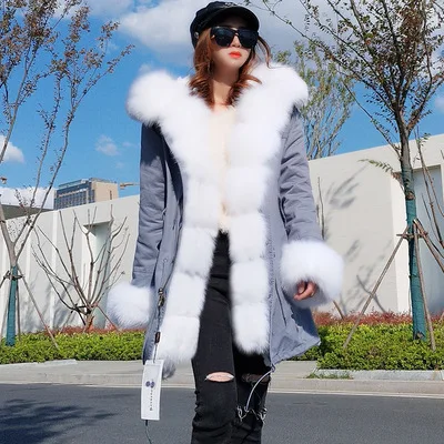 winter new real fox fur collar to overcome the long paragraph fur coat jacket female winter - Цвет: Коричневый