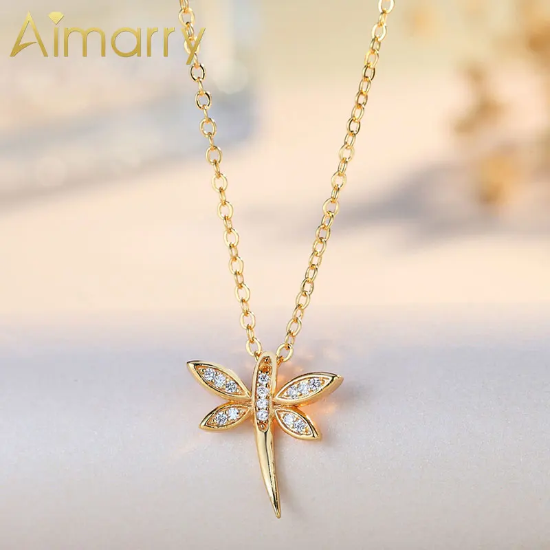Aimarry 925 стерлингового серебра 18K золотые ювелирные изделия AAA Циркон Стрекоза ожерелье для женщин вечерние