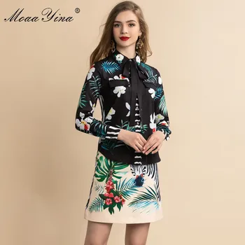 

MoaaYina Fashion Set Women Long sleeve Crystal Sequins Shirt Tops+Rhinestone zebra Green leaf Print Skirt Elegant Two-piece set