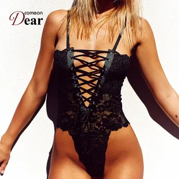 

Comeondear Plus Size Sexy Bodysuit High Waist 5XL Straps Lace Body Mujer Sleeveless Female Body For Women Jumpsuits RB80444