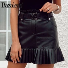 Bazaleas винтажная черная модная плиссированная юбка из искусственной кожи с карманами, женские юбки с завышенной талией, Франция, женские юбки с поясом