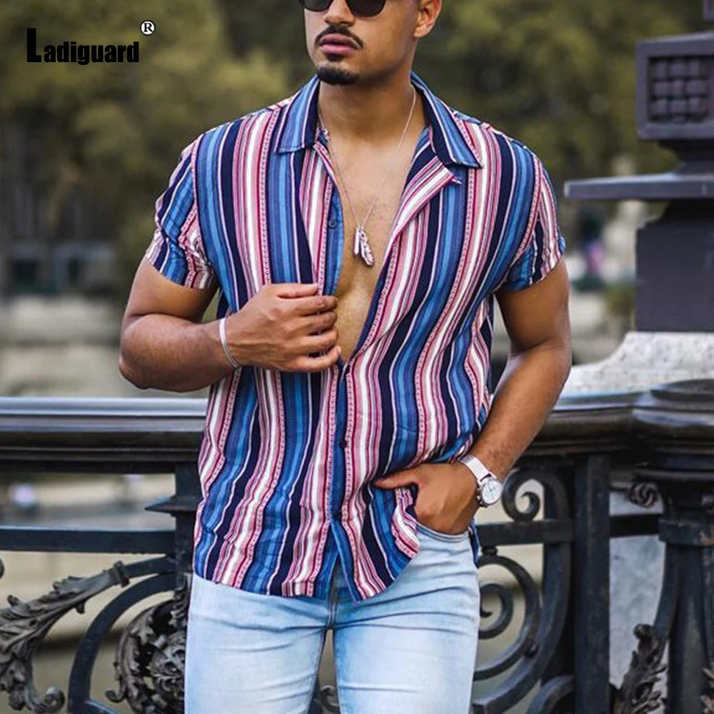 Plus Size 3xl Men Elegant Shirt Blouses Summer Model Stripes Tops Short Sleeve Casual Male Shirt blusas Sexy Mens Clothing