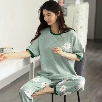 

Pure Cotton Pajamas Women'S Summer Short-Sleeved Trousers Korean-Style Cartoon Cute Little Daisy Homewear Set 2020 New Style