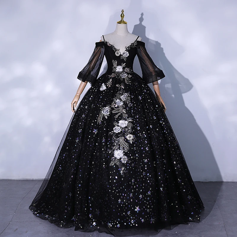 

Evening Dress Sequins Embroidery Floor-Length Deep V-Neck Empire Half Sleeves Ball Gown Black Party Formal Dresses Woman B1447