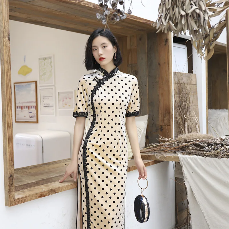 LZJN 2019 New Women Chinese Traditional Cheongsam Elegant Slim Oriental Style Lace Dresses Long Qipao Dot Print Half Sleeve (10)
