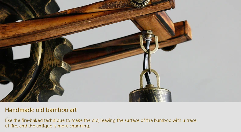 Rustic Pendant Lamp Round Wood Design Gear Retro Hemp Rope Hanging light25