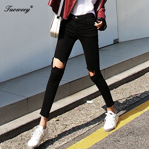 

New 2019 Skinny Jeans Women Denim Pants Holes Destroyed Knee Pencil Pants Casual Trousers Black White hole Stretch Ripped Jeans