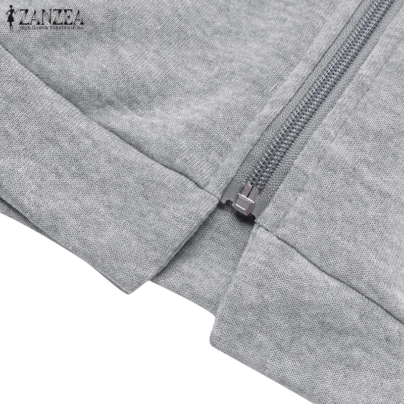 ZANZEA Autumn Women Sweatshirt Casual Solid Hoodie Coats Big Pockets Long Sleeve Hoody Sweatshirts Zip Up Outwear Plus Size