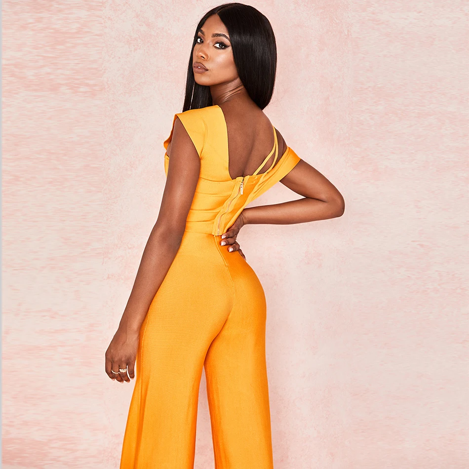 Autumn New Sexy Orange Women's Bandage Set Sleeveless Top& Wide Leg Pants 2 Two-piece Bodycon Celebrity Party Set Jumpsuit