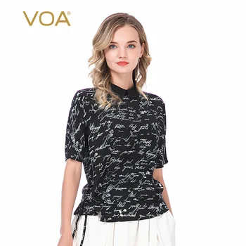 

Voa Silk Printed Letter Lapel Shoulder Short Sleeve Lace-up Waist Fashion Skin-friendly T-shirt Bx81 T Shirt Women Tshirt
