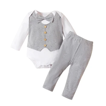 

Baby Boy Clothes Two Piece Gentleman Long Sleeved Bodysuit Solid Color Trousers