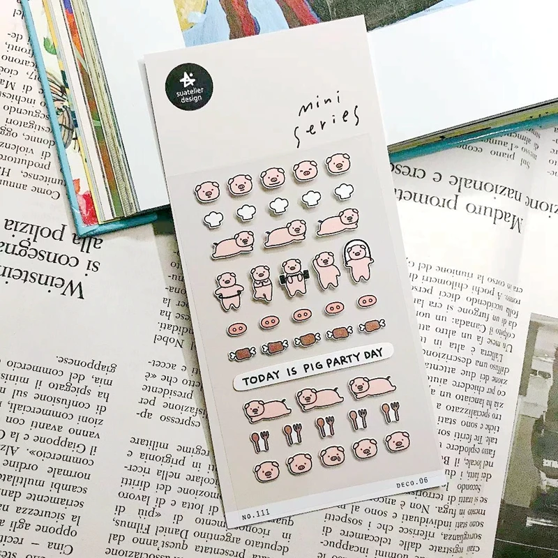 Suatelier Mini Series Stickers No.111 Pig Party Day Cute Scrapbooking Journal Sticker Planner Decoration DIY Craft Supplies