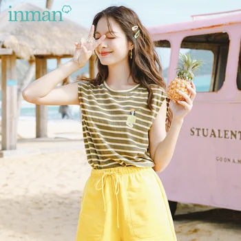 

INMAN 2020 New Arrival O-neck Girlish Stripe Funny Print Loose Sleeveless Vest