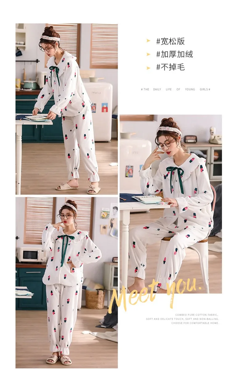 Winter Thick Warm Flannel Sweet Lace Pajama Sets for Women Long Sleeve Coral Velvet Sleepwear Homewear Pijama Mujer Clothes