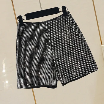 

2020 Spring Summer New Korean Heavy Hot Drilling High-waist Shorts Women's Fashion Summer Black Wide-legged Shorts Hot Short