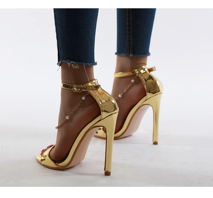 Aneikeh; коллекция года; женская обувь из лакированной кожи золотистого цвета; босоножки на высоком каблуке с открытым носком; летние модельные туфли для вечеринки; сандалии с пряжкой на лодыжке и бусинами